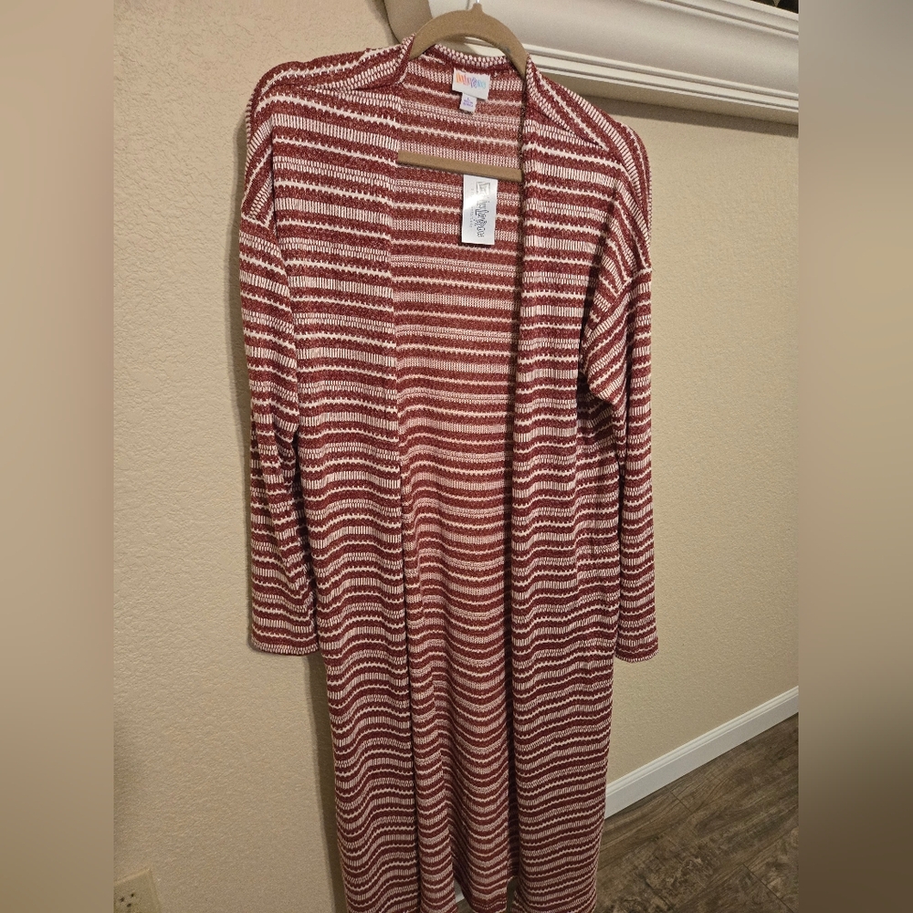 Lularoe Janet Long Cardigan With Side Pockets, Red & White Striped, Size L